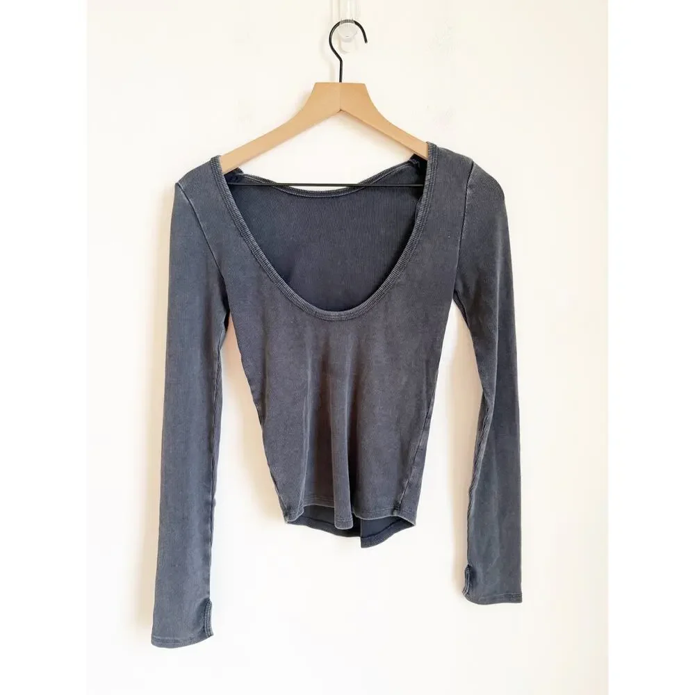 NEW Free People Unapologetic Long Sleeve Ribbed Tee Black Scoop Back S top